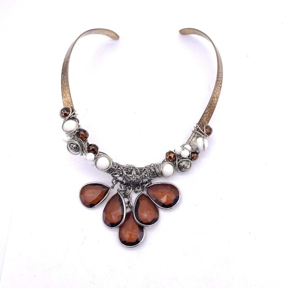Wrap Wire Faceted Dangle Drop Beaded Choker Necklace Hammered